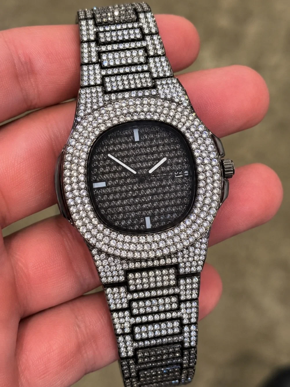 Two Tone Iced Out Simulated Diamond Watch VVS Stainless Steel BustDown Black